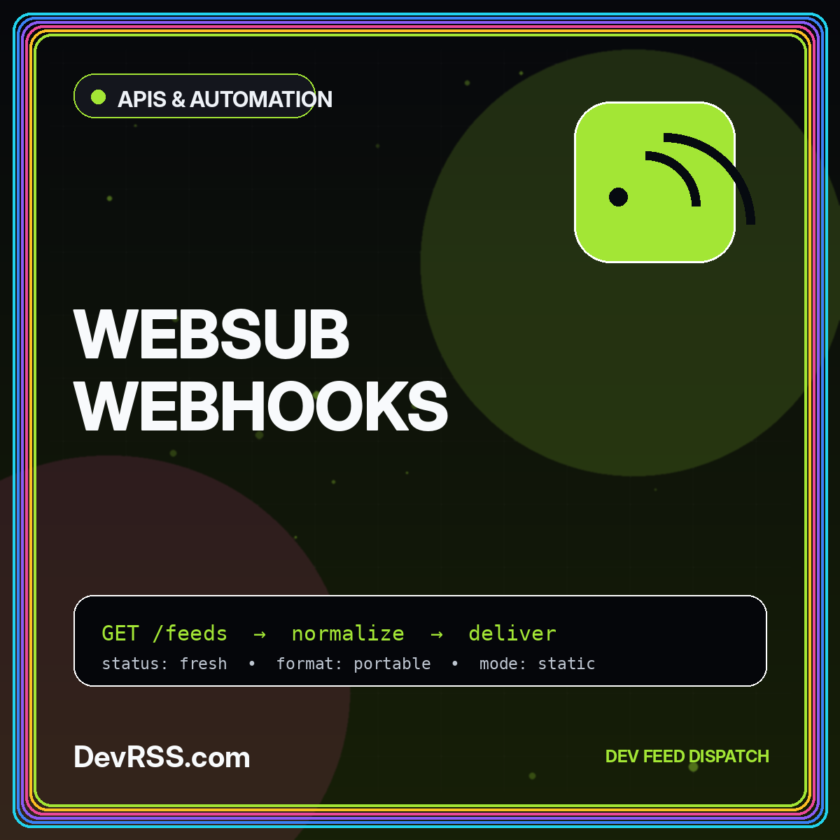 Neon typography card reading WebSub Webhooks with routing arrows